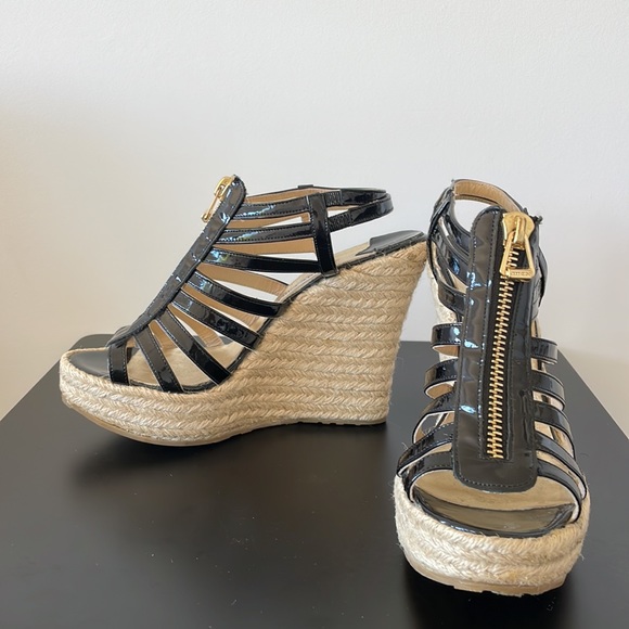 Jimmy Choo Black Patent Leather Zipper Espadrille Wedge Size 39 - Picture 1 of 11